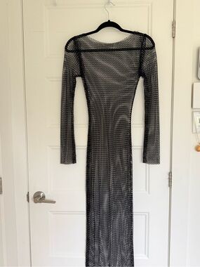 Dynamite Black Long Sleeve Sheer Mesh Maxi Dress with Metallic Thread